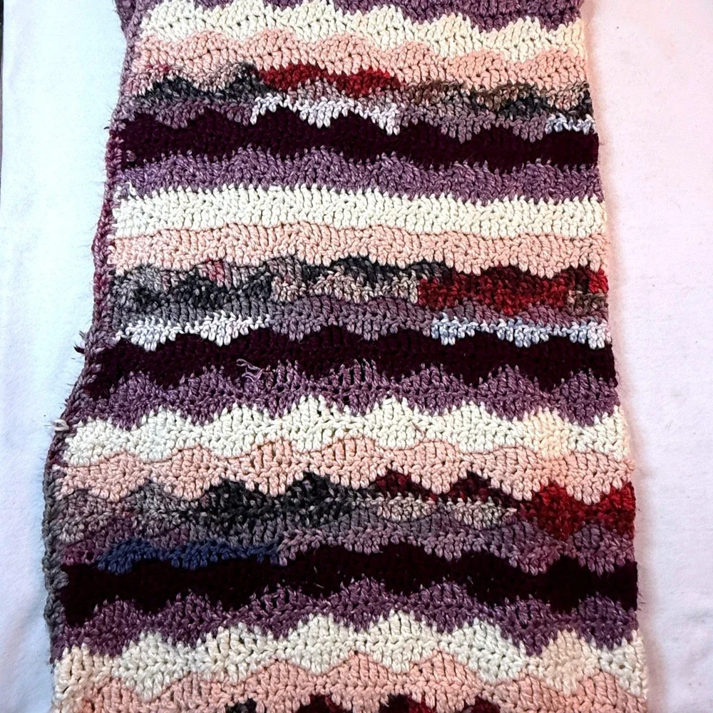 Handmade Crochet Throw Blanket Purple Cream Ripple‎ Wave Boho Cottagecore 35x24